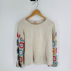 Mazik Linen Blend Crochet Granny Square Sleeve Top Beige Size S Artisan Shabby